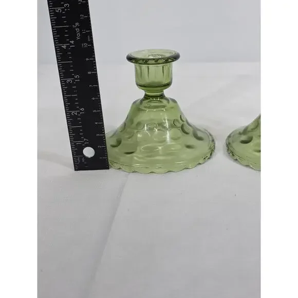 Pair of Vintage Green Glass Candle Holders Hazel Atlas - Picture 2 of 4